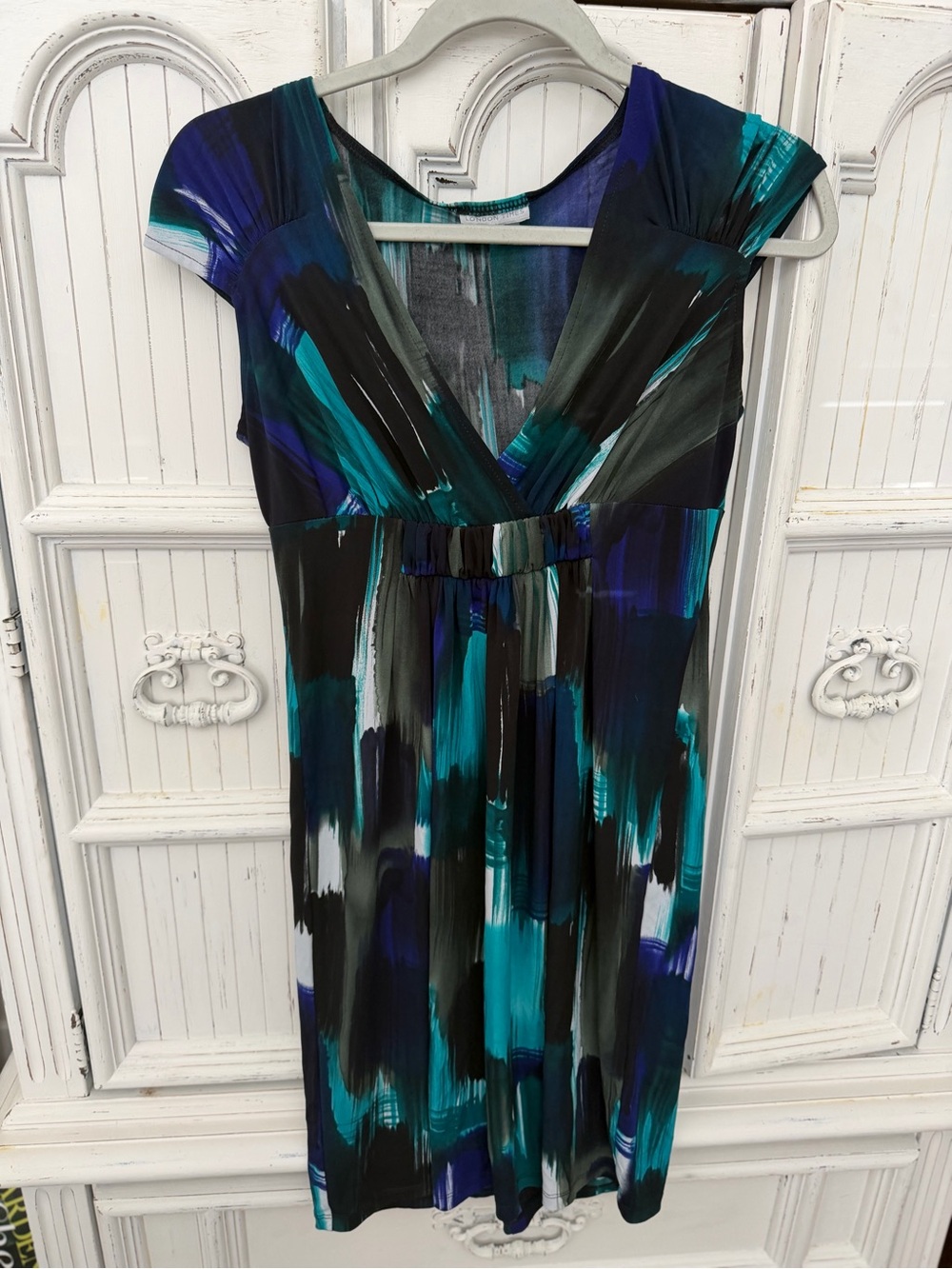 London Times Teal, Navy & Black Brushstroke V-Neck Dress